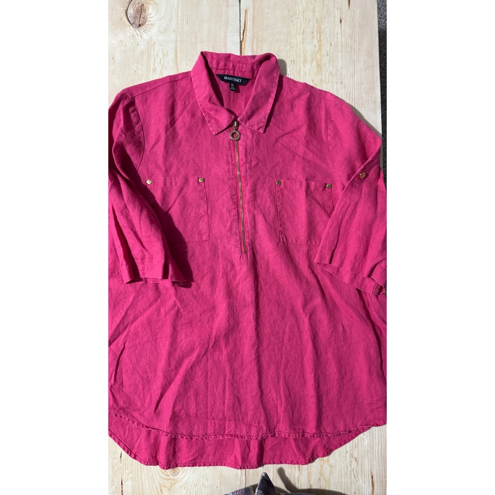 Ellen Tracy‎ Pink 100% Linen Half Zip Tunic Top XL 3/4 Roll Tab Sleeve Fuchsia